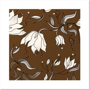 Brown with white floral design Posters and Art